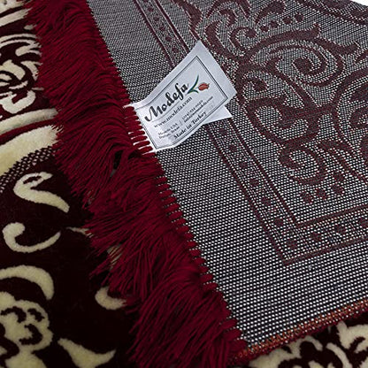 Modefa Turkish Islamic Velvet Prayer Rug - Thick & Wide Soft Praying Carpet for Men & Women - Large Prayer Mat - Eid & Ramadan Gift - with Kufi Cap, Beads & Car Hanger - Double Plush (Floral Red) - color: Floral Arch - Red