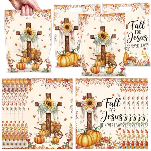 Falueqg Fall for Jesus Goodie Bags - Fall Goodie Candy Gift Bags Autumn Christian Religion Pumpkin Party Supplies for Christian Religious Harvest Thanksgiving Party - color: Fall for Jesus He Never Leaves