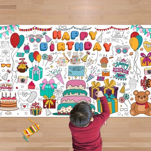 OHOME Birthday Giant Coloring Tablecloth - Birthday Decorations - Arts and Crafts for Kids Ages 8-12,Kids Crafts for 4 5 6 7 8 9 10 Year Old Girl Boy Gift,School Stuff Supplies for 4-8 - style: Birthday