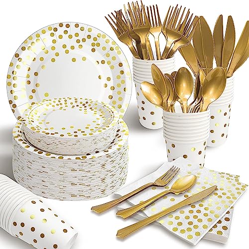 AIRE White Gold Dot Paper Plates Set, 175PCS Disposable Dinnerware for 25 - color: 175PCS White and Gold