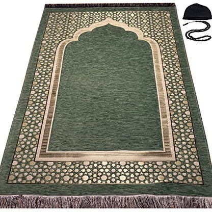 Modefa Turkish Islamic Prayer Mat - Thin Woven Chenille Sajjadah - Intricate Praying Rug Ramadan Eid Gift - Traditional Muslim Janamaz Sajada for Men Women - Geometric Selcuk Star (Light Green) - color: Light Green