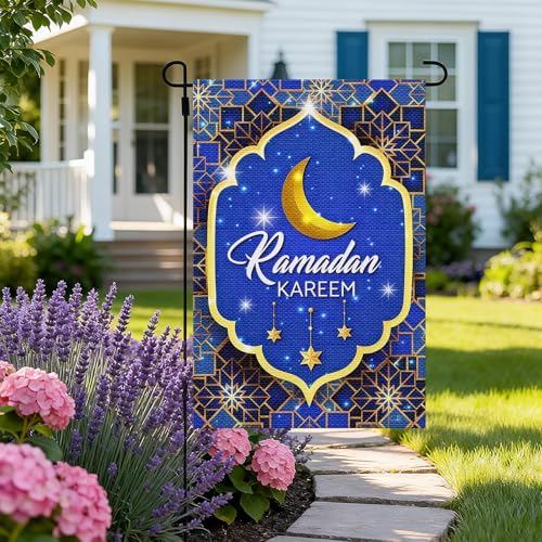 Ramadan Kareem Garden Flag, Muslim Festival Party Farmhouse Yard Flag Ramadan Eid Kareem Muslim Outdoor Indoor Decor O Holy Night Lawn Decoration 12 x 18inch