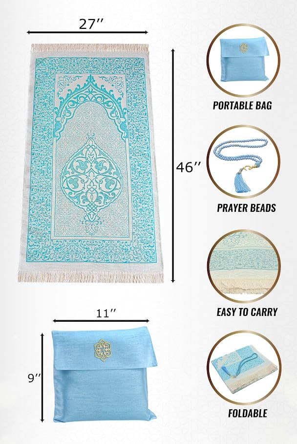 ihvan online Muslim Prayer Rug with 99 Beads Tasbih & Travel Bag, Soft Taffeta Sajadah, Lightweight & Foldable Janamaz, Portable Prayer Mat, Islamic Gift for Eid, Ramadan, Hajj & Umrah, Blue - color: Blue