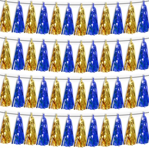 4PNavy-Blue Gold Tassel Banner Garland Metallic Foil Fringe Banner Tinsel Tassels Streamer Banner Backdrop for Parade Floats Birthday Graduation Christmas Bridal/Baby Shower Party Decorations - color: Navy-Blue Gold
