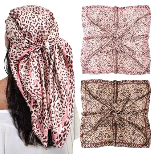 AWAYTR 35” Large Satin Square Head Scarf - 2Pcs Silk Like Floral Head Scarves Square Satin Hair Scarf Bandanas for Women - color: Leopard Print (Pink/Khaki)