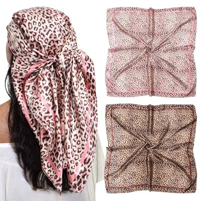 AWAYTR 35” Large Satin Square Head Scarf - 2Pcs Silk Like Floral Head Scarves Square Satin Hair Scarf Bandanas for Women - color: Leopard Print (Pink/Khaki)