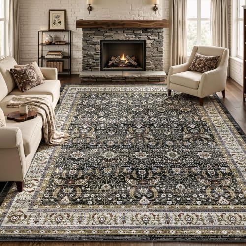 Charcoal Black Farmhouse Area Rugs 8x10, Washable Upgraded Non-Slip Living Room Rug, Vintage Distressed Floral Low Pile Carpet for Bedroom, Dining Room, Home Office, Kitchen, Charcoal Black Ivory - color: Charcoal Black/Ivory, size: 8' x 10' (Rectangular)