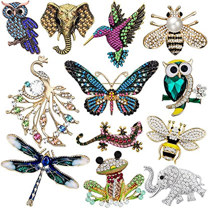 Junkin 12 Pcs Women Brooches Bulk Set Rhinestone Pin Crystal Vintage Brooch Retro Pin Women Girls Gifts for Christmas - style: Animal