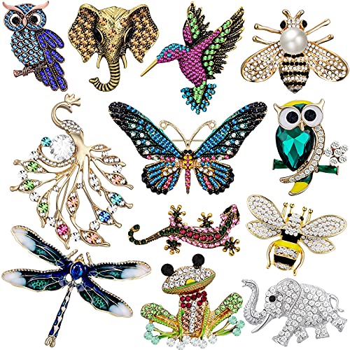 Junkin 12 Pcs Women Brooches Bulk Set Rhinestone Pin Crystal Vintage Brooch Retro Pin Women Girls Gifts for Christmas - style: Animal