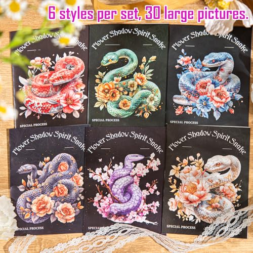30-Pack Large Holographic Floral Snake Reptile Clear Scrapbook Stickers – Vibrant Serpent Decals with Flowers for Journals, Laptops, Water Bottles, Resin Art Projects - color: Floral Snake
