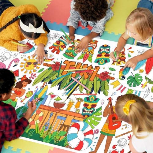 Gatherfun Hawaiian Luau Party 자이언트 컬러링 식탁보, 80.9 x 182.9cm(31.5 x 72인치), 하와이안 파티 장식, 티키 파티 장식, 학교 파티용 컬러링 테이블 커버 - style: TIKI