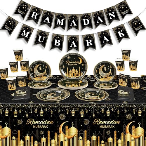 98PCS Ramadan Mubarak Tableware Set,Eid Mubarak Plates Cups Napkins Tablecloth Banner for Ramadan Eid Mubarak Party Decorations Serves 24 Guests (BLACK) - color: Black
