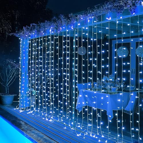Dazzle Bright 300 LED Curtain String Lights, Christmas Fairy Lights for Bedroom with 8 Lighting Modes, Connectable Waterproof Window Lights Party Wedding Garden Wall Decor, Blue - color: Blue