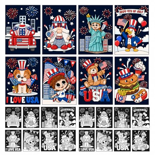 Cinrobiye 48 Pcs 4th of July Crafts, Patriotic Velvet Coloring Posters Bulk, Red White and Blue Craft Kit, Independence Day Coloring Activities for Kids, Seniors, Classroom, Party and Group Events - style: July