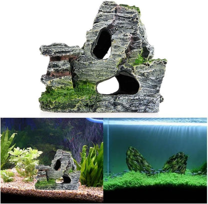 Resin Aquarium Mountain Decor with Moss Rock Cave - Multi-Level Terrain for Fish Tank Landscaping, Natural-Looking Rockery Design with Hidden Cave and Crevices for Shrimp, Reptile Habitat Aquascaping