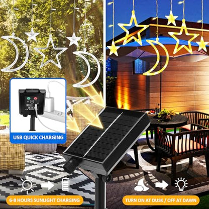 Moon Stars Solar String Lights for Outdoor, Christmas Decorations Curtain Lights with Remote Control and USB Backup Charger, Automatic ON-Off, IP65 Waterproof, Warm Yellow