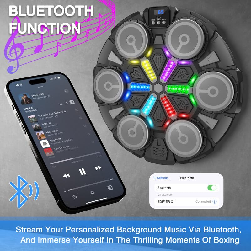 Music Boxing Machine Sport Toys for Kids and Adults,Wall Mounted Bluetooth Smart Punching Target,Training Pad Toy with Boxing Glove,Ideas Toys for Boys Girls Kids 3 4 5 6 7 8 9 10 11 12+ Years Old - color: Black M