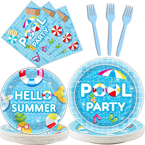 96 Pieces Pool Party Tableware Set for Summer Beach Table Decorations Supplies Beach Ball Birthday Dessert Plates Summer Pool Party Napkins Forks for 24 Guests Hawaiian Pool Birthday Party Favors - style: Pool Party
