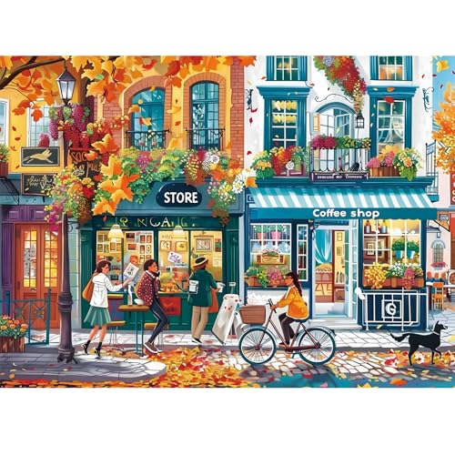 Puzzle for Adult 500 Piece,Coffee Shop Romantic Autumn Street Jigsaw Puzzle - color: Beauty