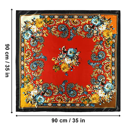 AWAYTR 35” Large Satin Square Head Scarf - 2Pcs Silk Like Floral Head Scarves Square Satin Hair Scarf Bandanas for Women - color: Cashews (Black+red)