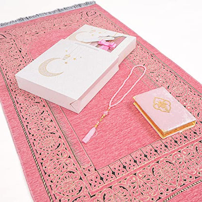 IEF Personalized Prayer Rug Quran Prayer Beads Islamic Gift Set, Ramadan Eid Wedding Birthday Mother's Day Father's Day Anniversary Day Gifts - color: Pink with Bag