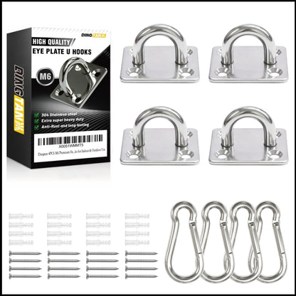 4Pcs M6 304 Stainless Steel Heavy Duty Pad Eye Plates w/Snap Hooks | Rustproof 304 SS Pad Eye Plates w/ Hooks, Heavy Duty for Indoor Outdoor Use, Fits Hammock Swing Yoga Sling Ceiling Mount - size: 4pk M6