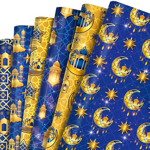 WGOCAUK 12 Sheets Eid Mubarak Wrapping Paper, 20x27in Moon Star Words Lantern Patterns Gift Wrap Paper Ramadan Kareem Wrapping Paper for Mubarak Party Gift Wrapping Supplies (Blue) - color: Blue