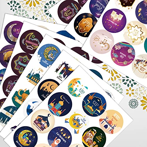 192PCS Eid Al Adha Stickers, Eid Mubarak Stickers Round Ramadan Gift Tag Sticker رمضان مبارك Holy Kaaba Quran Ramadan Decoration for Eid Al Fitr Gift Box Tag,Islamic Muslim Party Supplies Decorations