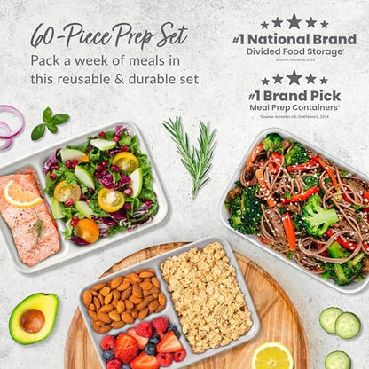 Bentgo Prep 60-Piece Meal Prep Kit - Reusable PFAS & BPA-Free Food Containers, 1-Compartment, 2-Compartment, & 3-Compartments - Microwave, Freezer, & Dishwasher Safe (White Stone) - color: White Stone