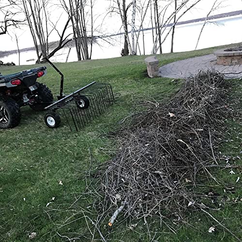 Yard Tuff Pine Straw Rake, Steel Lawn Sweeper with 24 Spring Tines, 60-Inch - Leaf Collector Attachment with Pin Hitch for ATV, UTV or Utility Tractor | Pin Hitch Fits ATV, UTV or Tractor, Adjustable Reel Arms, Lift Handle to Dump, 12 Inch Pneumatic Tires