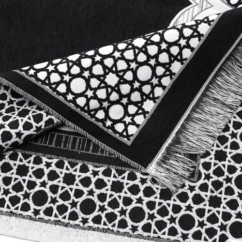 Islamic Prayer Rug Elegant Masjid Pattern Thin Mat Muslim Portable Blanket with Beads Ramadan Eid Gift Rug Turkish Prayer Carpet - color: Setc Black