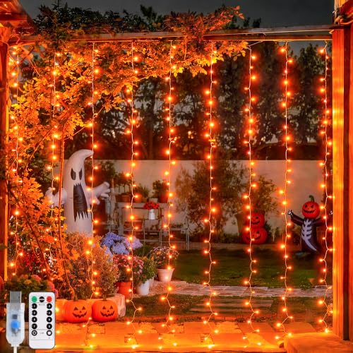 JMEXSUSS Orange Curtain Lights for Halloween, USB Plug in, 200 LED - color: Orange, size: 200 LED