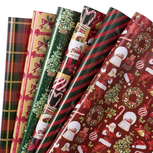 RUSPEPA Christmas Wrapping Paper Sheets, Vintage Santa Claus, Christmas Tree, Gift Boxe, Bow, Plaid and Stripe Design Gift Wrap for Xmas, Holiday, Birthday, 6 Folded Sheets, 19.68 X 27.5 Inch - color: Red and Green