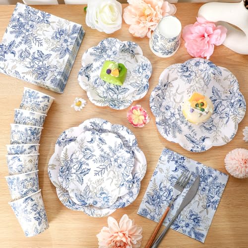 Newtay 250 Pcs Blue Floral Disposable Plates and Napkins Blue Gold Disposable Tableware Set for 50 Guests Paper Plates Napkins Cups for Wedding Bridal Shower Supplies - color: Blue and Gold, style: Stylish