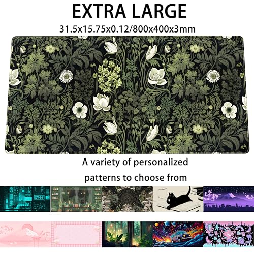 Dark Green Floral Plants XXL Gaming Mousepad & Desk Pad - Nature Leaf Flower Laptop Keyboard Mat 31.5 x 15.75 - color: Dark Green Floral Plants