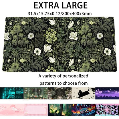 Dark Green Floral Plants XXL Gaming Mousepad & Desk Pad - Nature Leaf Flower Laptop Keyboard Mat 31.5 x 15.75 - color: Dark Green Floral Plants