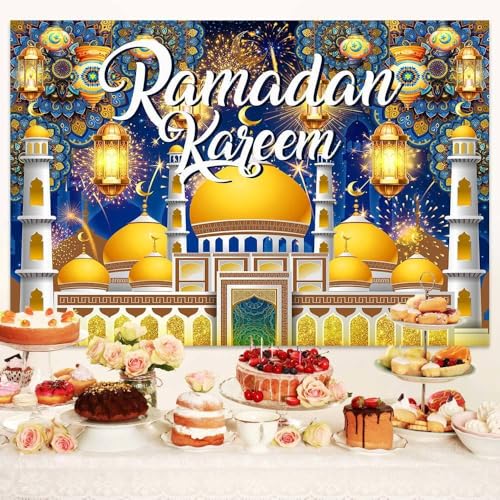 8X6FT Ramadan Kareem Photo Backdrop, Muslim Eid Ramadan Mubarak Decorations Background for Islamic Muslim Al Fitr Party Decor Banner Supplies - size: 8x6ft