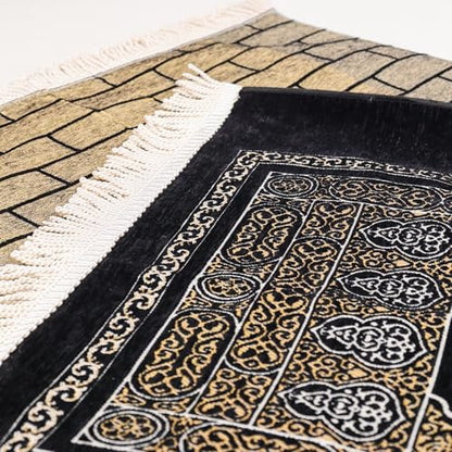 Kaaba Door Islamic Prayer Rug, Embroidered Velvet Janamaz Sajadah - color: Black Kaaba Wall