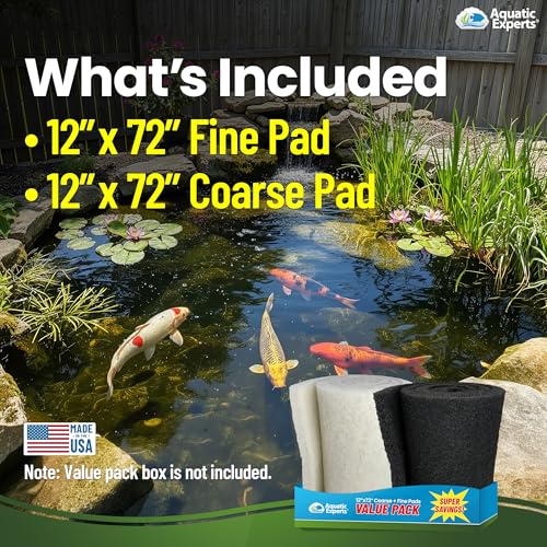 Aquatic Experts Classic Koi Pond Filter Pad Bundle – Fine & Coarse Bulk Roll Pond Filter Media, Ultra Durable Reusable Fish Pond Filter Material (Fine: 12" x 72", Coarse: 12" x 72") - size: 12” x 72”