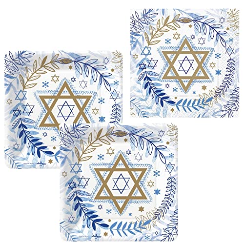 Martha's Goat Judaic Stars Party Tableware Kit - Bundle Includes Paper Dessert Plates and Napkins for 16 People - Jewish Holiday Blue White & Gold Partyware Decor
