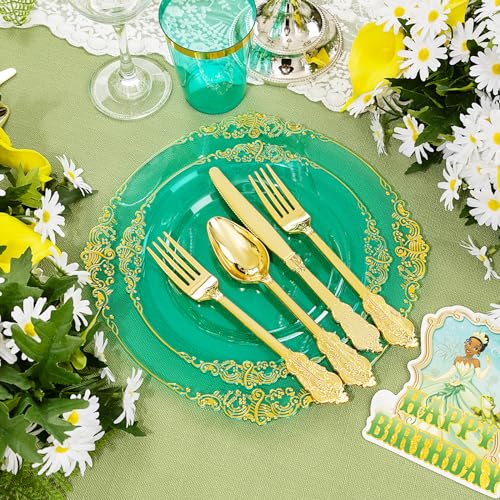 Hioasis 175pcs Clear Green Plastic Plates - Elegant Disposable Dinnerware Set Suitable for 25 Guests Include 10.25" Dinner & 7.5" Dessert Plates, Cutlery, Napkins, Cups for Party & St. Patrick's Day - color: Clear Green and Gold