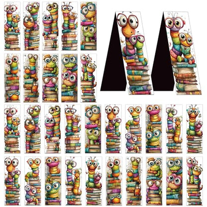 Whimsical Bookworms Magnetic Bookmarks, 30 Pcs Cute Cartoon Worm Book Mark Magnet Clips for Reading Kids, Fun Page Markers for Books School Classroom Stationary Rewards Bookish Gifts - style: Bookworm