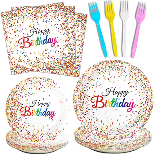 96 Pieces Happy Birthday Plates and Napkins Party Supplies for Confetti Sprinkles Theme Table Decorations Pastel Birthday Party Tableware Donut Paper Plates Napkins Forks Favors for 24 Guests. - style: Confetti Sprinkles