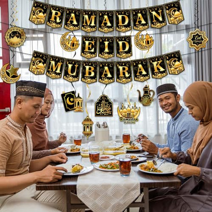 2 in 1 Ramadan nd Eid Decorations, NO-DIY Ramadan Mubarak Decorations Includes Ramadan Eid Banner and Ramadan Decorations Hanging Swirls, Eid Mubarak Decorations Ramadan Decorations for Home