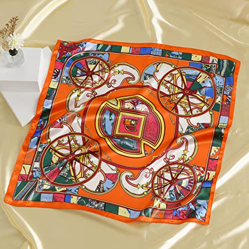 QBSM Womens 23.6 inch Satin Silk Feeling Formal Square Neck Scarf Head Hair Wraps Kerchief - color: Carriage Wheel-orange