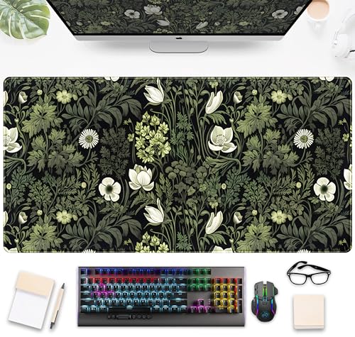 Dark Green Floral Plants XXL Gaming Mousepad & Desk Pad - Nature Leaf Flower Laptop Keyboard Mat 31.5 x 15.75 - color: Dark Green Floral Plants