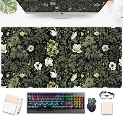 Dark Green Floral Plants XXL Gaming Mousepad & Desk Pad - Nature Leaf Flower Laptop Keyboard Mat 31.5 x 15.75 - color: Dark Green Floral Plants