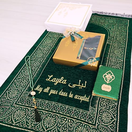 IEF Personalized Wedding Gifts Prayer Mat, Eid Gifts Quran Prayer Beads Set Birthday Gifts for Women Mother's Day Gifts Anniversary Gift Chenille Prayer Rug Pearl Prayer Beads Arabic Quran (Green) - color: Green