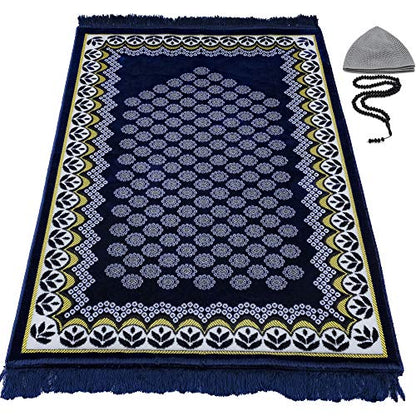 Modefa Turkish Islamic Prayer Rug - Thin & Lightweight Velvet Praying Carpet - Soft Muslim Praying Mat Janamaz - Ramadan or Eid Gift for Men & Women - with Car Hanger - Vined Arch (Daisy Navy Blue) - color: Daisy Navy Blue