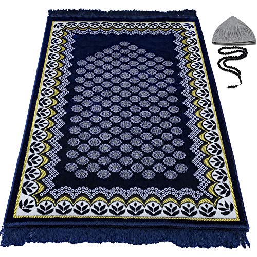 Modefa Turkish Islamic Prayer Rug - Thin & Lightweight Velvet Praying Carpet - Soft Muslim Praying Mat Janamaz - Ramadan or Eid Gift for Men & Women - with Car Hanger - Vined Arch (Daisy Navy Blue) - color: Daisy Navy Blue